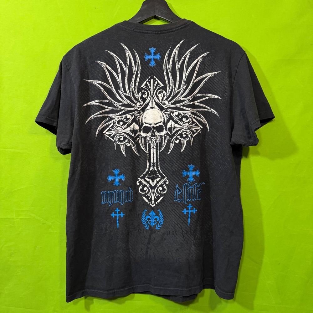 MMA Elite Y2K Black Graphic T-Shirt Skull Cross Winged Blue Fleur De Lis Size M
